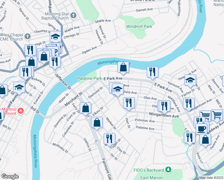 map of restaurants, bars, coffee shops, grocery stores, and more near 401 Morgantown Ave in Fairmont
