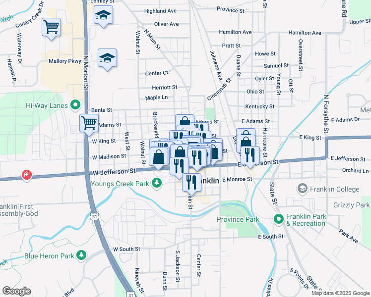 map of restaurants, bars, coffee shops, grocery stores, and more near 99 North Main Street in Franklin