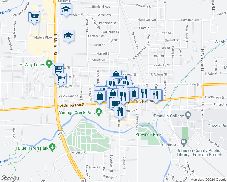 map of restaurants, bars, coffee shops, grocery stores, and more near 101 North Jackson Street in Franklin