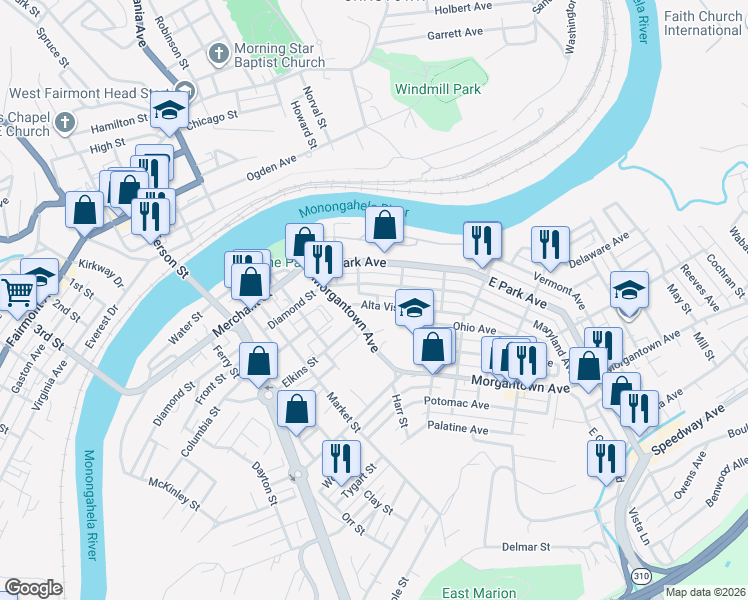 map of restaurants, bars, coffee shops, grocery stores, and more near 1 Orion Lane in Fairmont