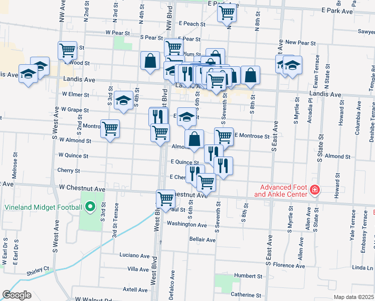 map of restaurants, bars, coffee shops, grocery stores, and more near 539 Almond Street in Vineland