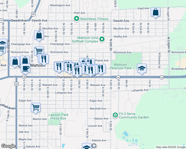map of restaurants, bars, coffee shops, grocery stores, and more near 801-857 Charleston Avenue in Mattoon