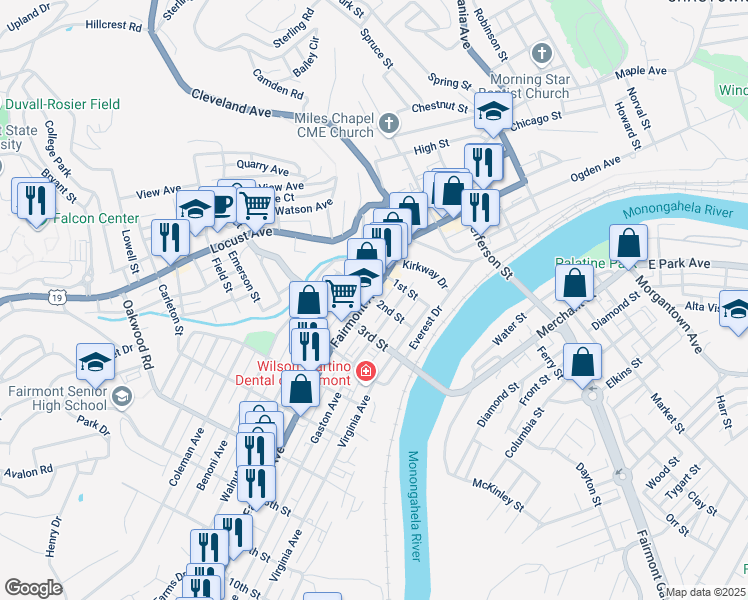 map of restaurants, bars, coffee shops, grocery stores, and more near 2nd Street in Fairmont