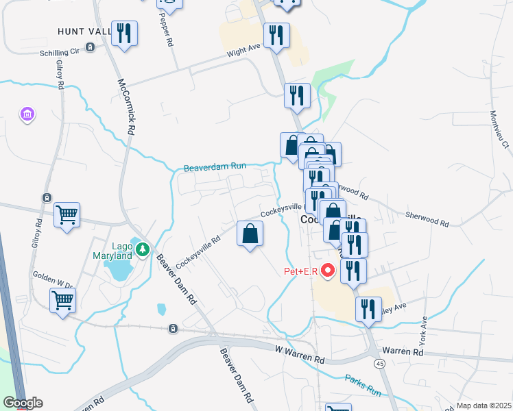 map of restaurants, bars, coffee shops, grocery stores, and more near 130 Cockeysville Rd in Cockeysville