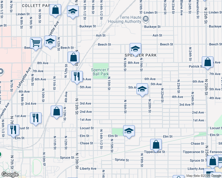 map of restaurants, bars, coffee shops, grocery stores, and more near 1500 4th Avenue in Terre Haute