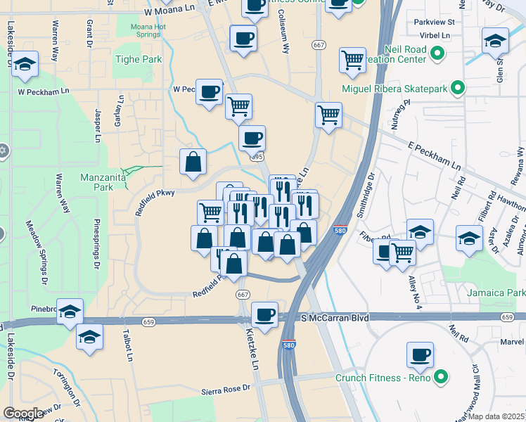 map of restaurants, bars, coffee shops, grocery stores, and more near 4955 South Virginia Street in Reno