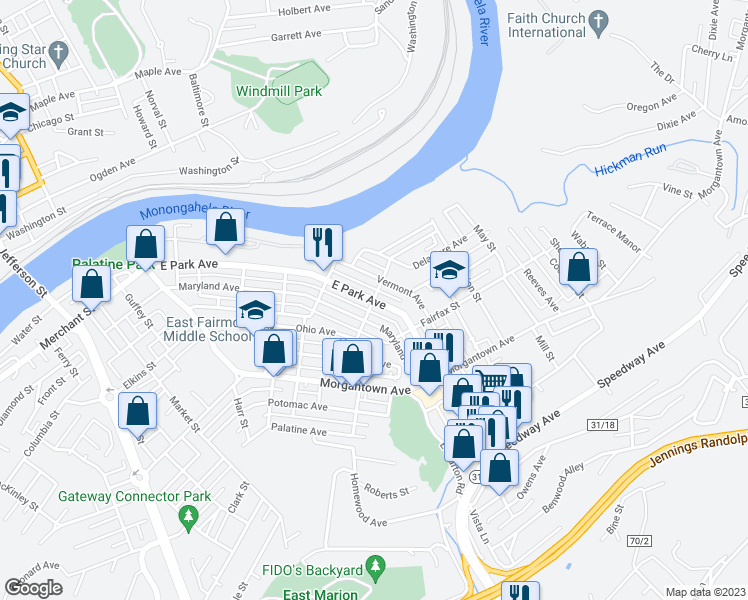 map of restaurants, bars, coffee shops, grocery stores, and more near 605 West Virginia 310 in Fairmont
