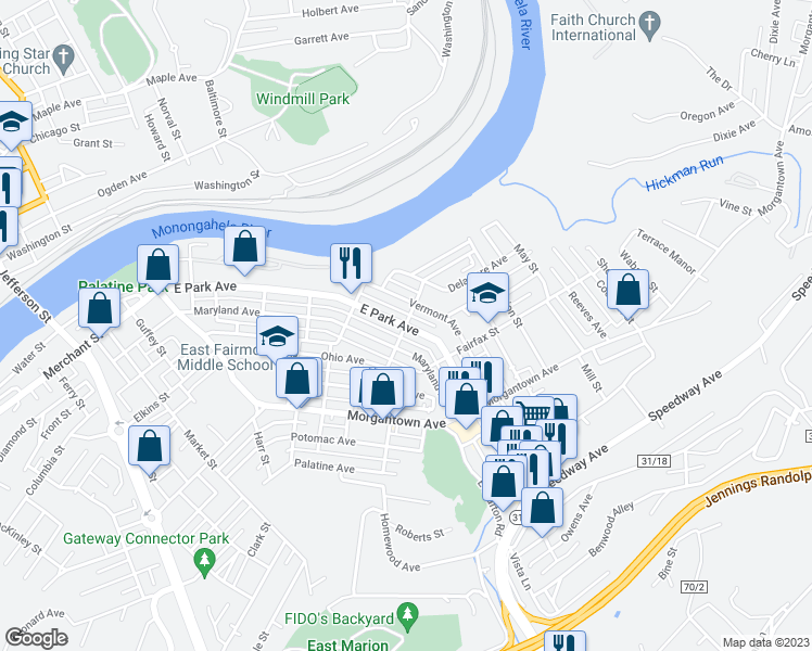 map of restaurants, bars, coffee shops, grocery stores, and more near 621 East Park Avenue in Fairmont