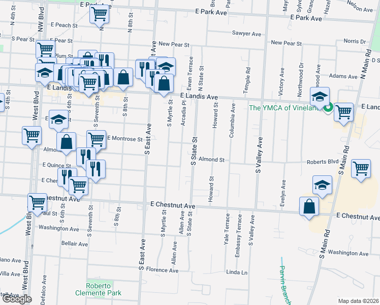 map of restaurants, bars, coffee shops, grocery stores, and more near 52 South State Street in Vineland