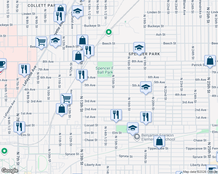 map of restaurants, bars, coffee shops, grocery stores, and more near 1500 4th Avenue in Terre Haute