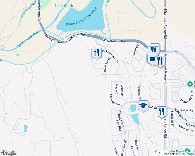 map of restaurants, bars, coffee shops, grocery stores, and more near 10557 Pony Cart Place in Littleton