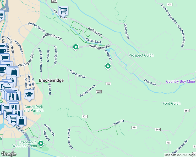 map of restaurants, bars, coffee shops, grocery stores, and more near 421 High Point Drive in Breckenridge