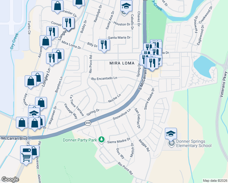 map of restaurants, bars, coffee shops, grocery stores, and more near 4160 San Marcos Lane in Reno