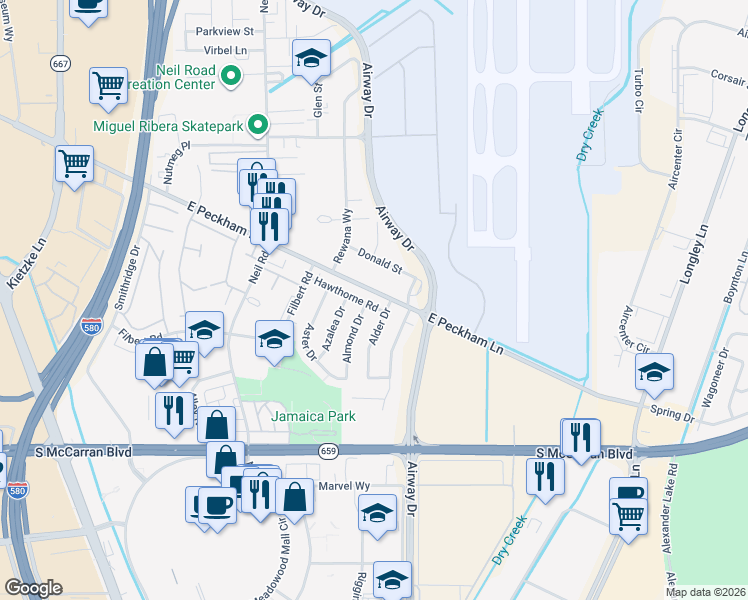 map of restaurants, bars, coffee shops, grocery stores, and more near 4430 Alder Drive in Reno