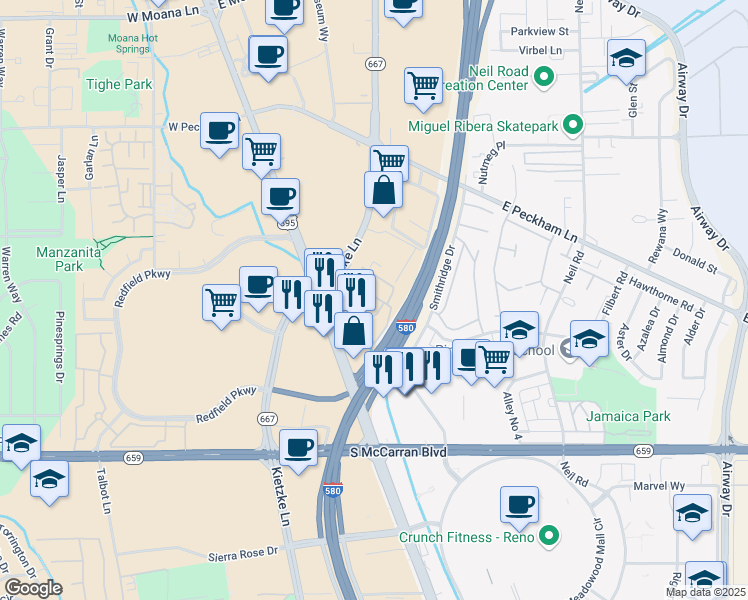 map of restaurants, bars, coffee shops, grocery stores, and more near 4800 Kietzke Lane in Reno