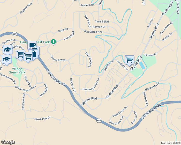 map of restaurants, bars, coffee shops, grocery stores, and more near 3605 Falcon Way in Reno