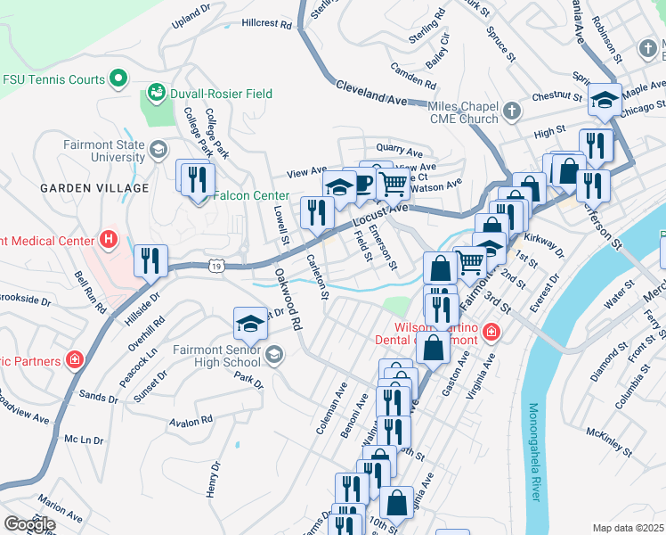map of restaurants, bars, coffee shops, grocery stores, and more near 611 Oliver Avenue in Fairmont