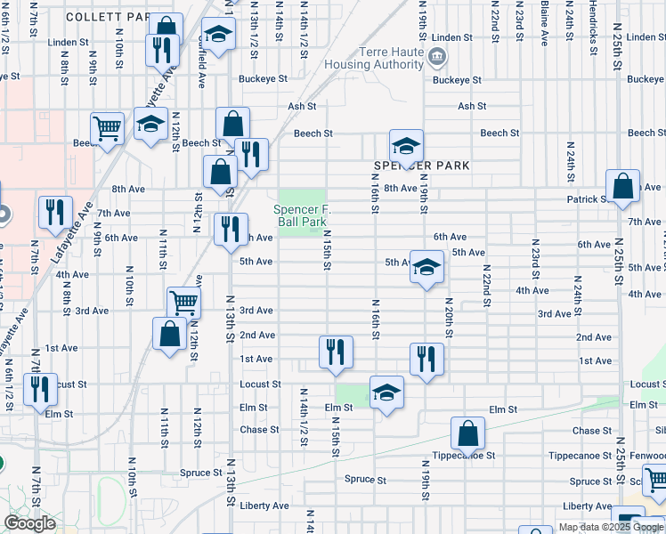 map of restaurants, bars, coffee shops, grocery stores, and more near 1500 4th Avenue in Terre Haute