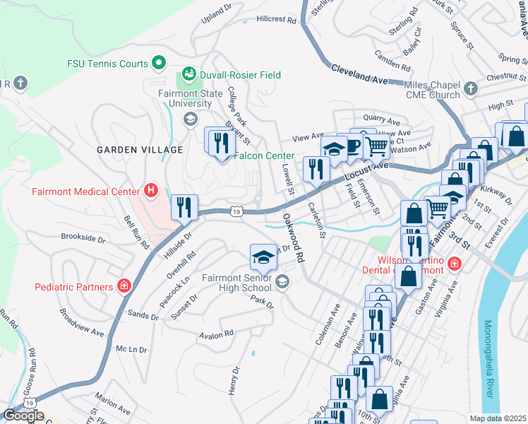 map of restaurants, bars, coffee shops, grocery stores, and more near in Fairmont