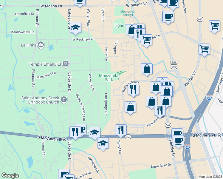 map of restaurants, bars, coffee shops, grocery stores, and more near 4705 Brittany Court in Reno