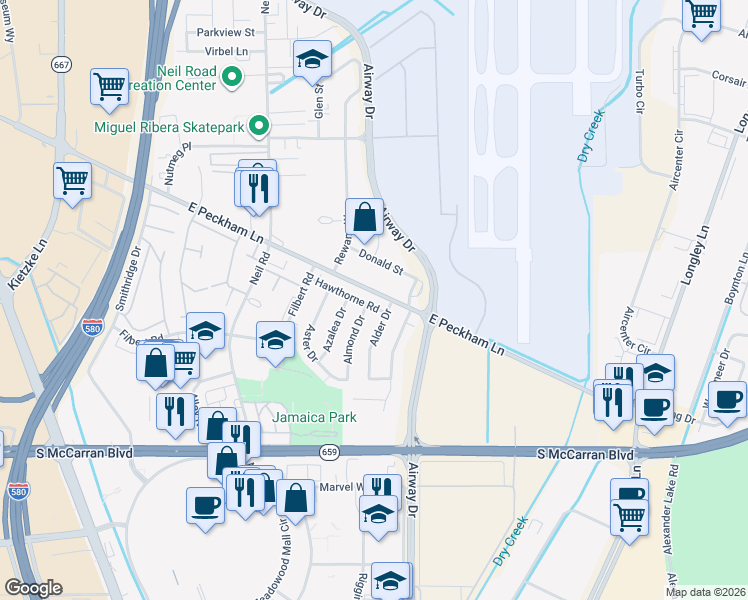 map of restaurants, bars, coffee shops, grocery stores, and more near 4430 Alder Drive in Reno