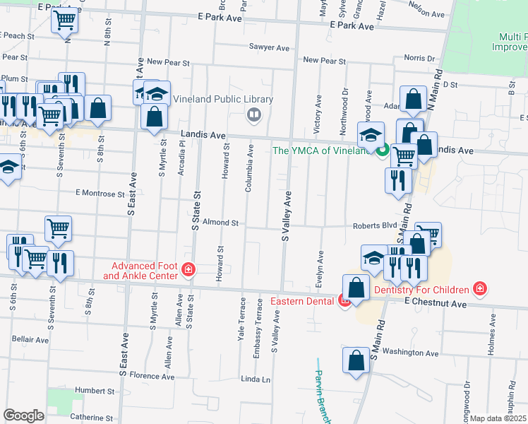 map of restaurants, bars, coffee shops, grocery stores, and more near 42 Deshibe Terrace in Vineland