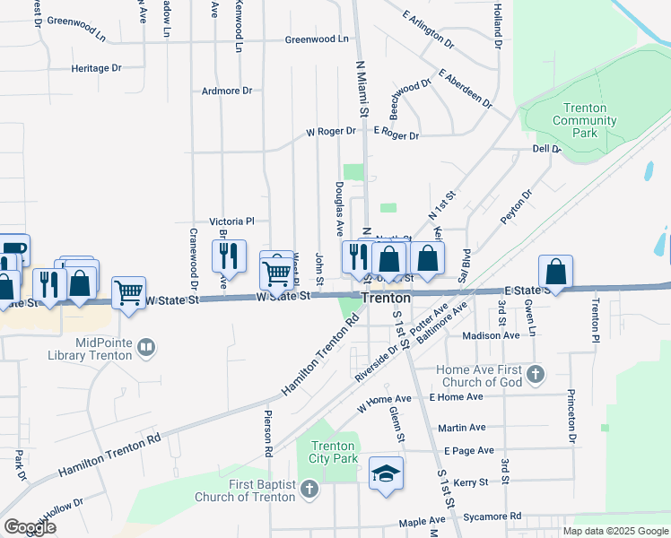 map of restaurants, bars, coffee shops, grocery stores, and more near 102 John Street in Trenton