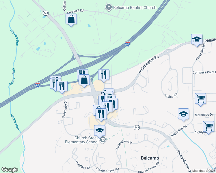 map of restaurants, bars, coffee shops, grocery stores, and more near 1340 James Way in Belcamp