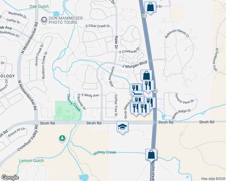 map of restaurants, bars, coffee shops, grocery stores, and more near 12940 Norway Maple Street in Parker