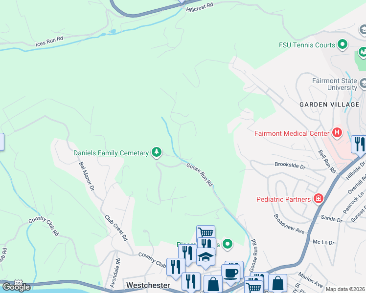 map of restaurants, bars, coffee shops, grocery stores, and more near 1400-1406 Goose Run Road in Fairmont