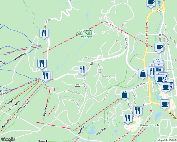map of restaurants, bars, coffee shops, grocery stores, and more near 117 County Road 3 in Breckenridge