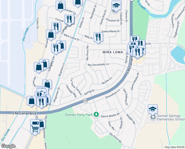 map of restaurants, bars, coffee shops, grocery stores, and more near 4060 Camino Lindo Way in Reno