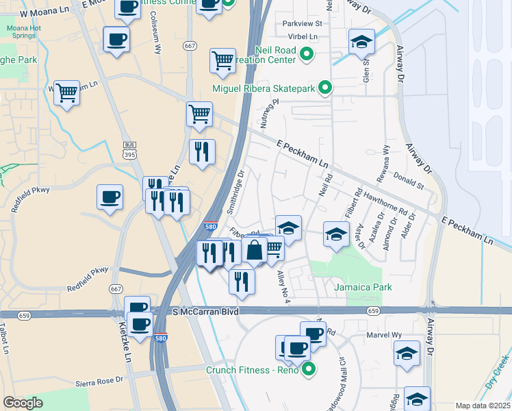 map of restaurants, bars, coffee shops, grocery stores, and more near 464 Smithridge Park in Reno