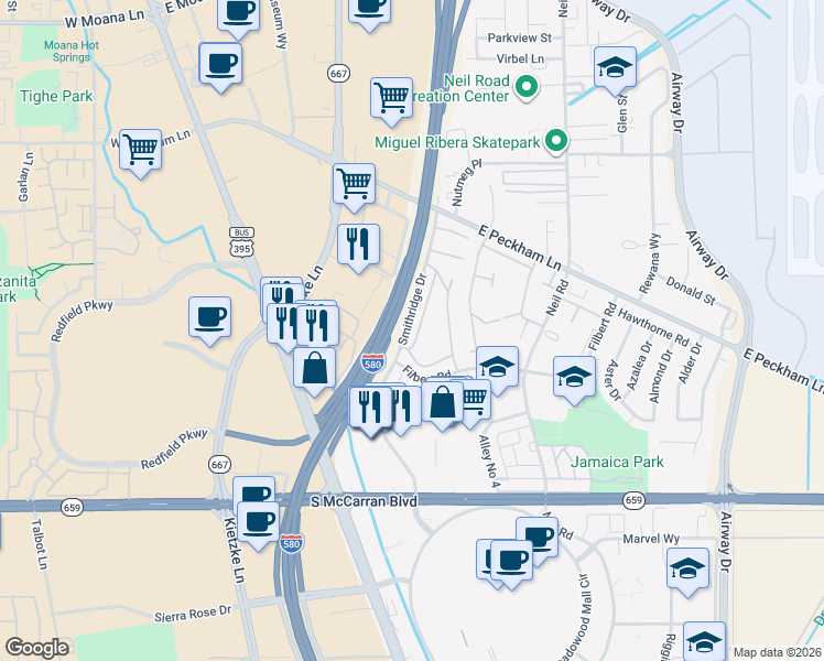 map of restaurants, bars, coffee shops, grocery stores, and more near 493 Smithridge Drive in Reno