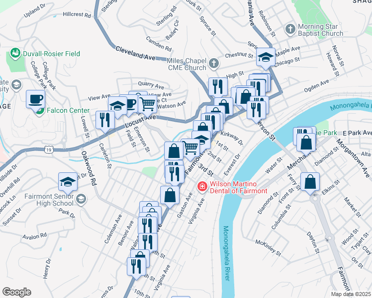 map of restaurants, bars, coffee shops, grocery stores, and more near 225 Fairmont Avenue in Fairmont