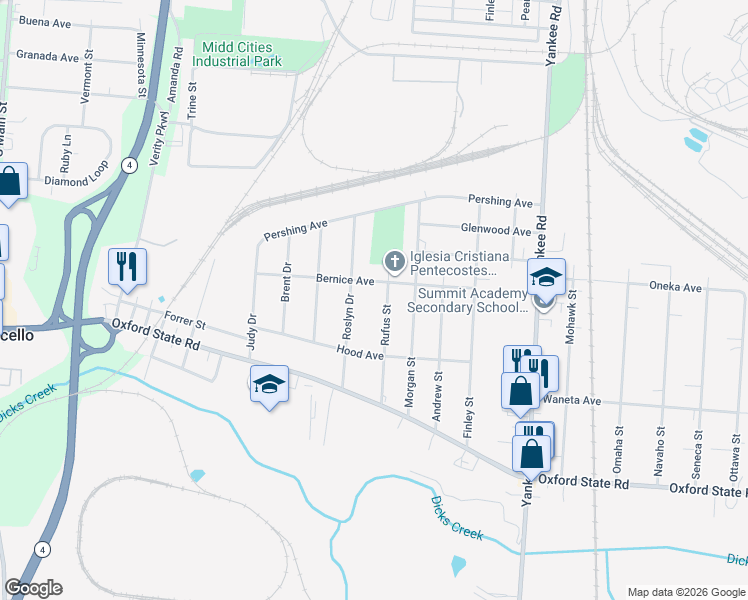 map of restaurants, bars, coffee shops, grocery stores, and more near 3110 Rufus Street in Middletown