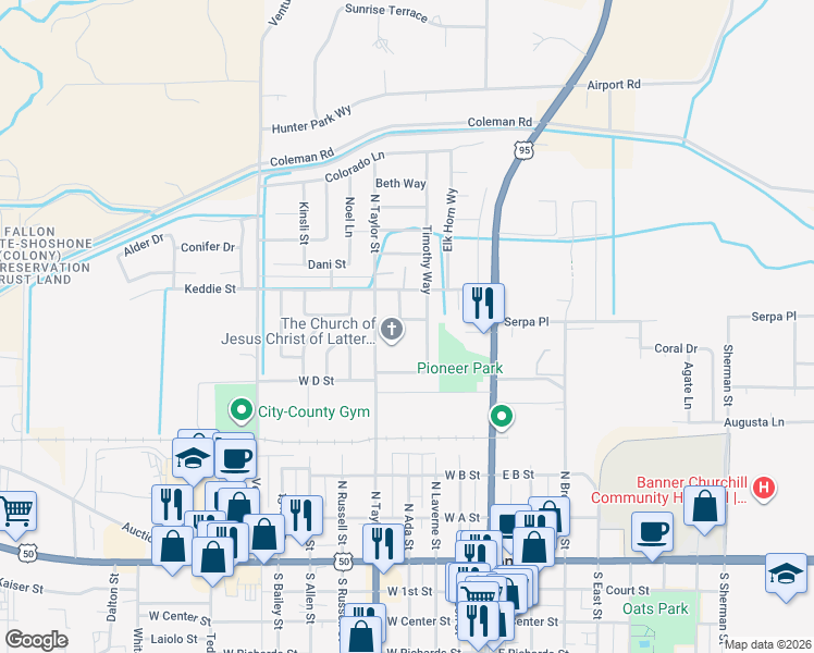 map of restaurants, bars, coffee shops, grocery stores, and more near 450 North Taylor Street in Fallon