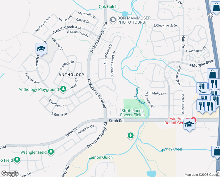map of restaurants, bars, coffee shops, grocery stores, and more near Horse Creek Street in Parker