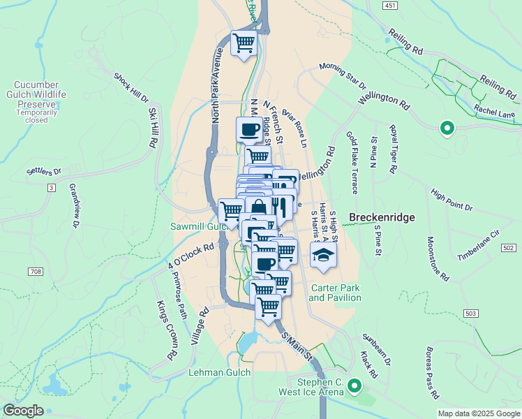 map of restaurants, bars, coffee shops, grocery stores, and more near 121 Ridge Street Alley in Breckenridge