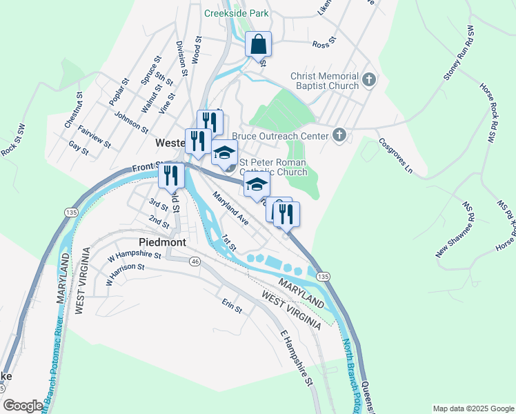 map of restaurants, bars, coffee shops, grocery stores, and more near 172 Church Street in Westernport