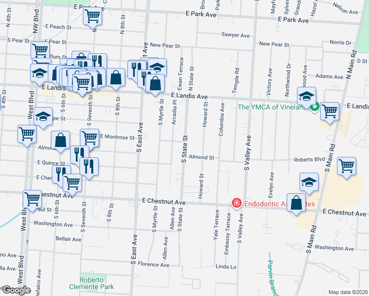 map of restaurants, bars, coffee shops, grocery stores, and more near 52 South State Street in Vineland