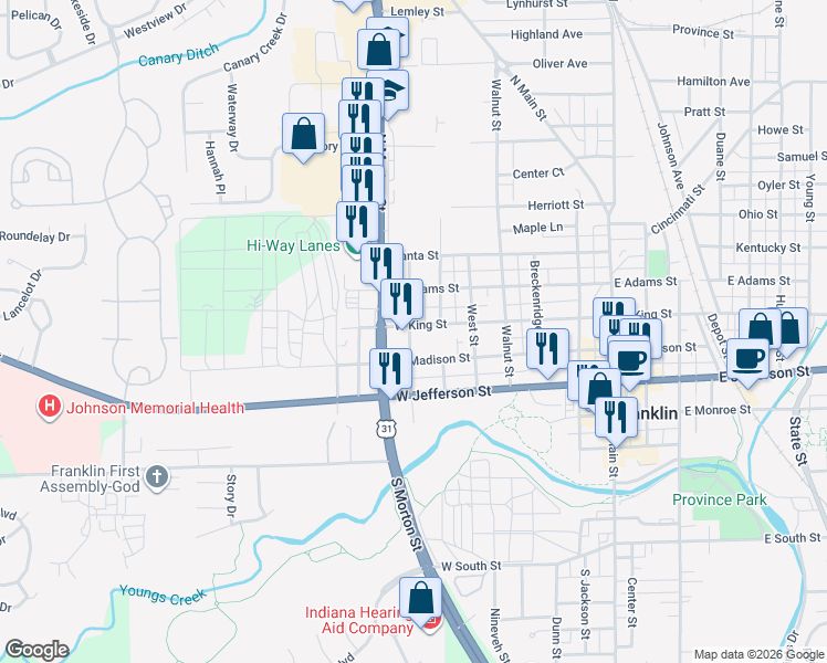 map of restaurants, bars, coffee shops, grocery stores, and more near 516 West Madison Street in Franklin