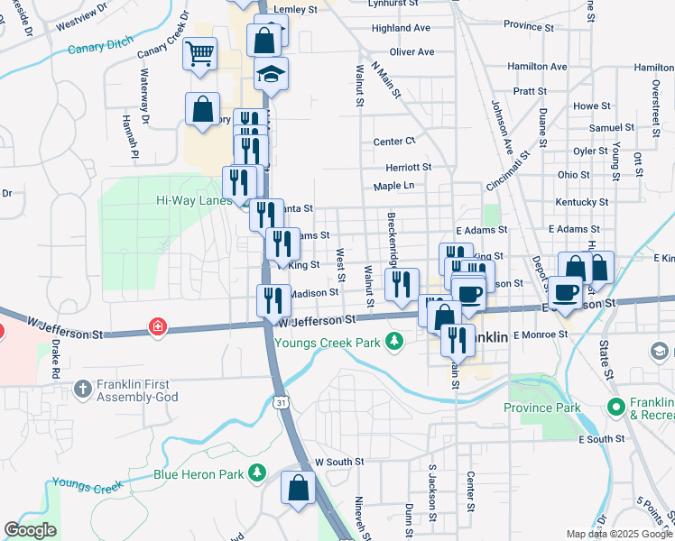 map of restaurants, bars, coffee shops, grocery stores, and more near 401 West King Street in Franklin