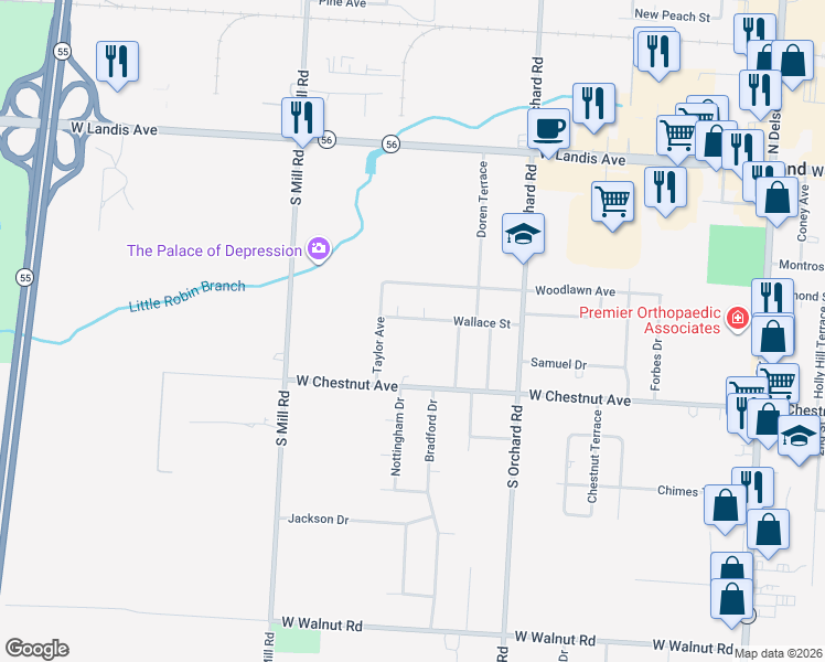 map of restaurants, bars, coffee shops, grocery stores, and more near 1656 West Chestnut Avenue in Vineland