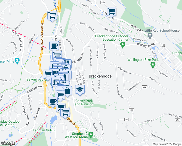 map of restaurants, bars, coffee shops, grocery stores, and more near 200 North Gold Flake Terrace in Breckenridge