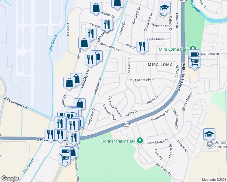 map of restaurants, bars, coffee shops, grocery stores, and more near 3701 La Tierra Terrace in Reno