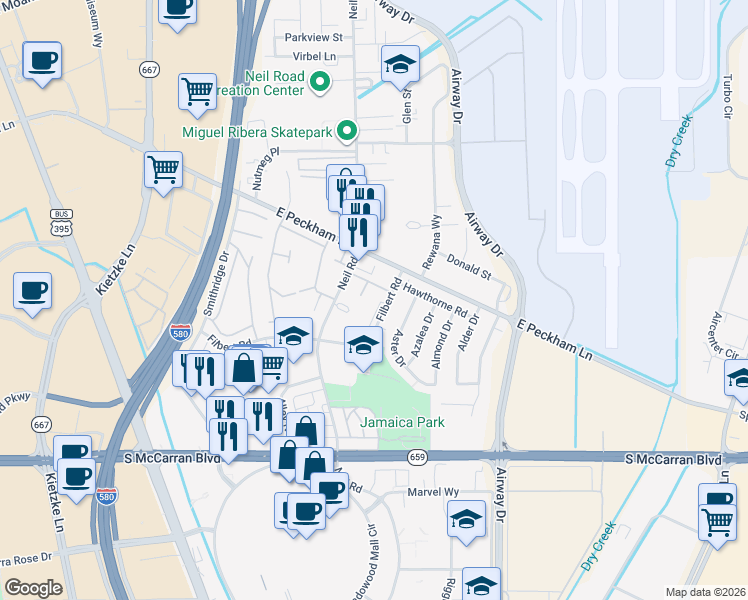 map of restaurants, bars, coffee shops, grocery stores, and more near 4700 Filbert Road in Reno