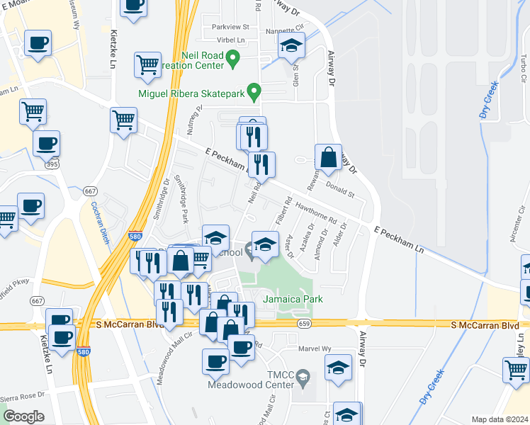 map of restaurants, bars, coffee shops, grocery stores, and more near 4700 Filbert Road in Reno