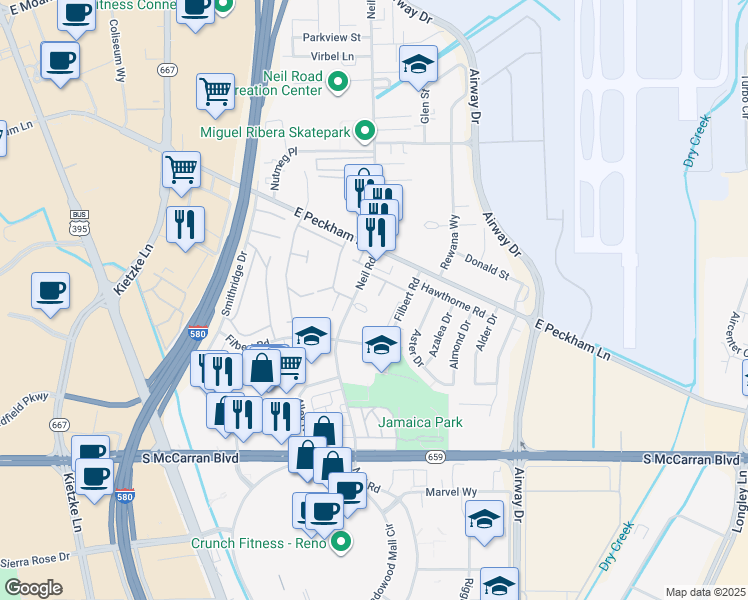 map of restaurants, bars, coffee shops, grocery stores, and more near 34 Neil Road in Reno