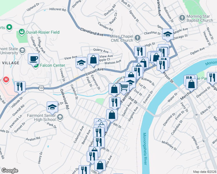 map of restaurants, bars, coffee shops, grocery stores, and more near 405 McNeely Street in Fairmont